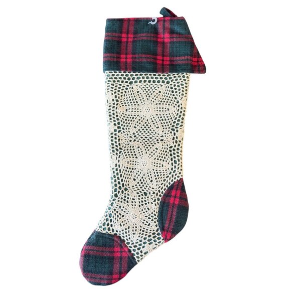 Christmas Stocking Crocheted Lace Cottage Core Large With Plaid Accents 24" - Picture 1 of 3